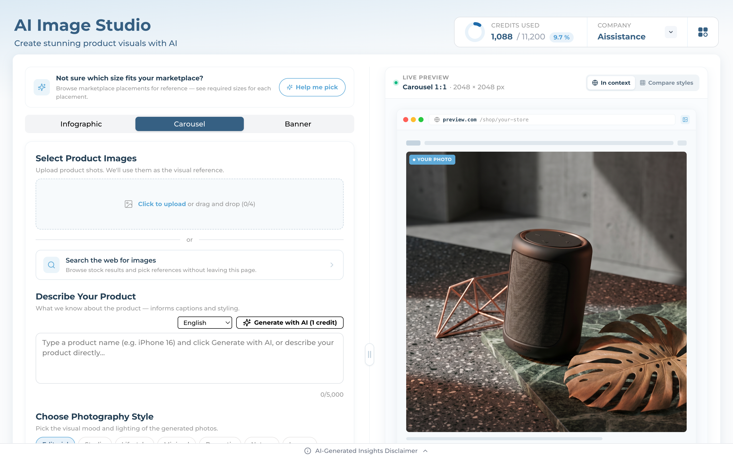 AI Image Studio home with Infographic, Carousel and Banner tabs and the credit balance