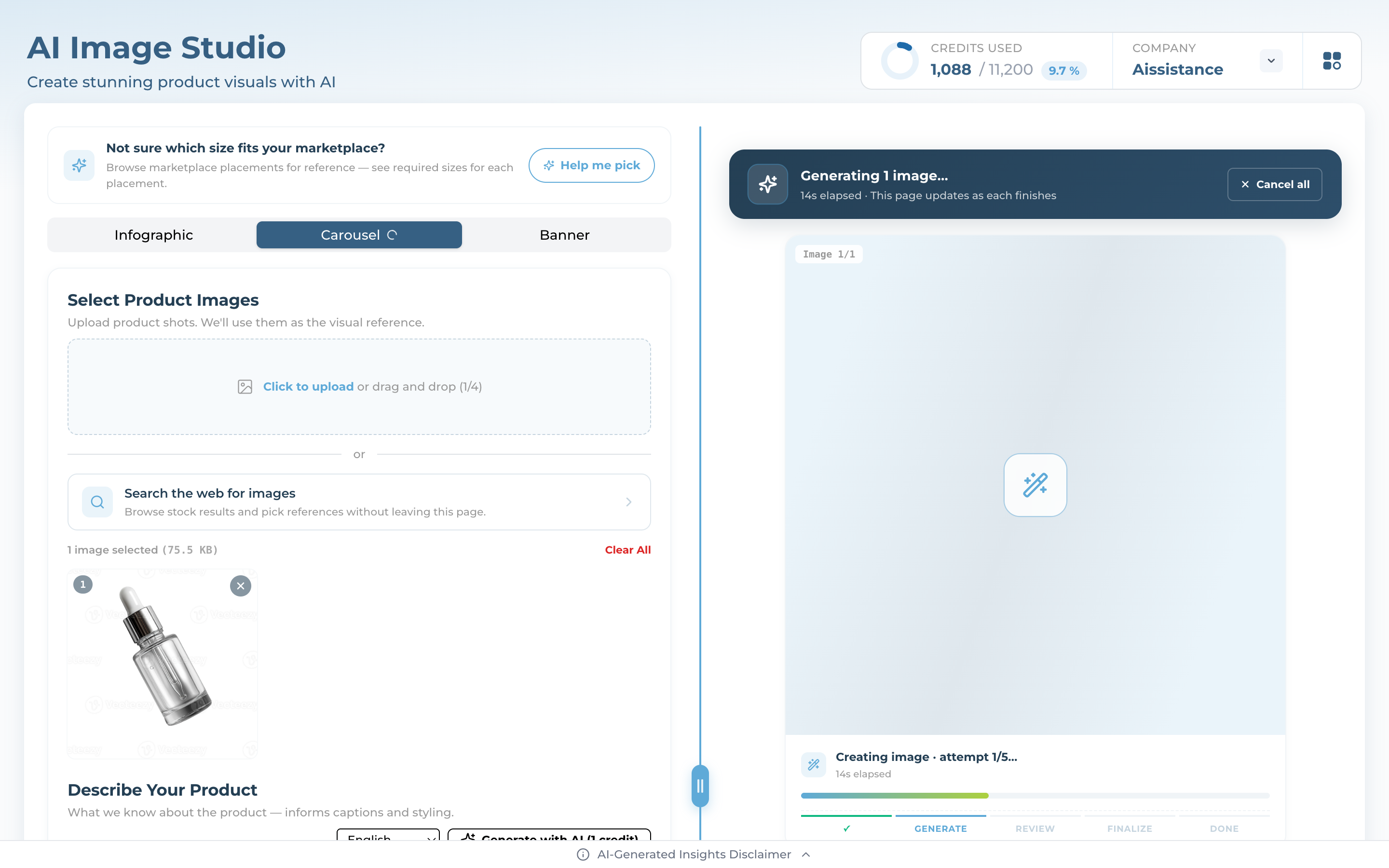 Generation progress with Analyze, Generate, Review, Finalize and Done stage chips