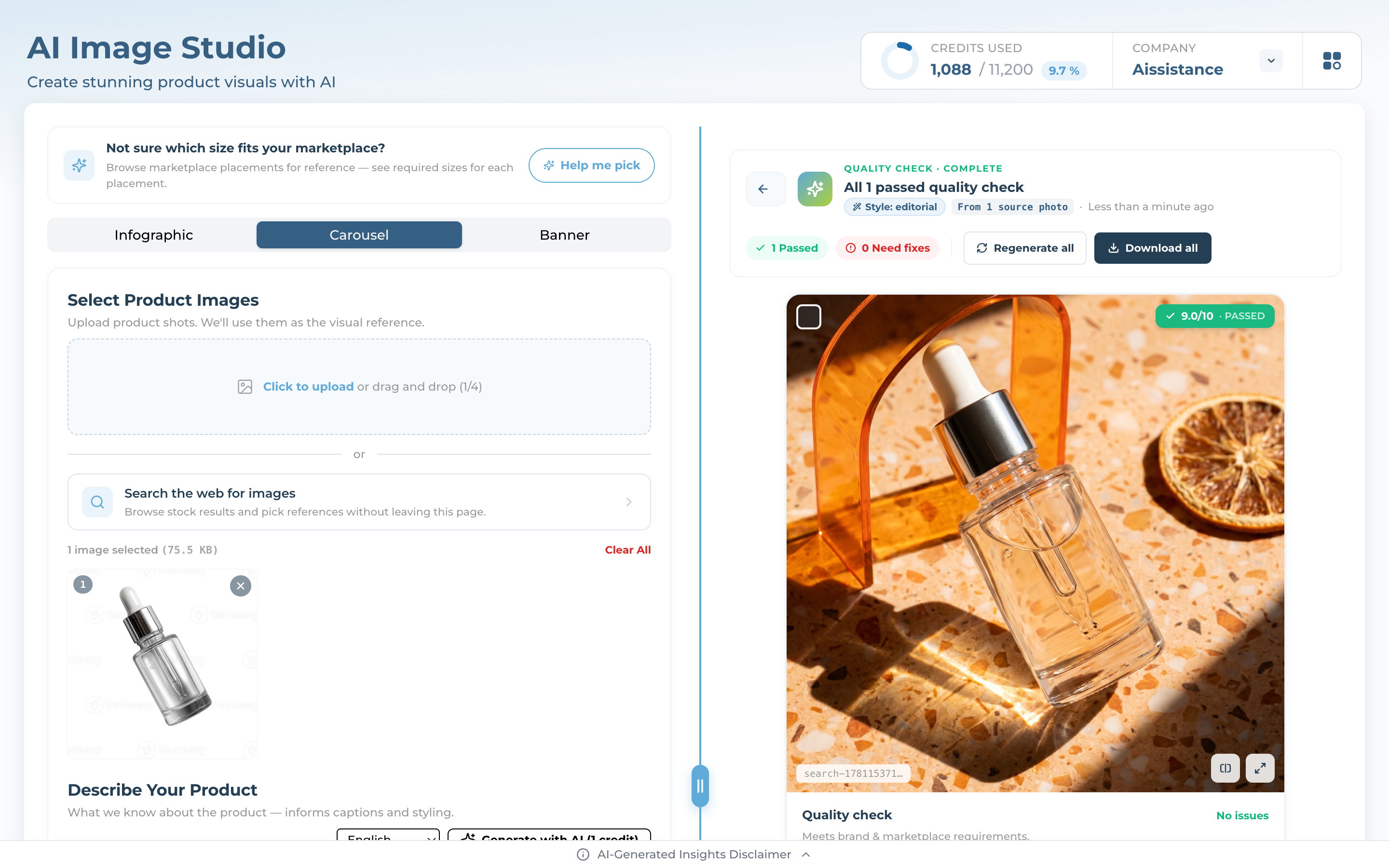 Generated images each showing a QA score out of 10 with Passed and Needs-fixes labels and a corrections list