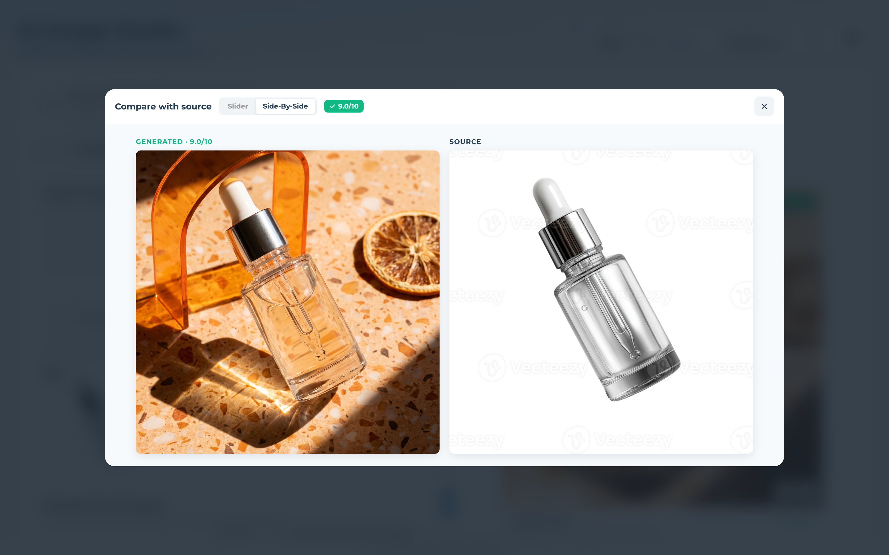 Compare with source view with a before-and-after slider and a list of suggested corrections to regenerate
